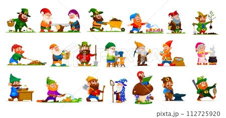 Cartoon gnome or dwarf characters. Cute elves personages with vector garden flowers, mushroom, wheelbarrow and lantern. Fairytale gnome miner, farmer and blacksmith, dwarf wizard, hunter or lumberjack Cartoon gnome or dwarf characters. Cute elves personages with vector garden flowers, mushroom, wheelbarrow and lantern. Fairytale gnome miner, farmer and blacksmith, dwarf wizard, hunter or lumberjack 112725920