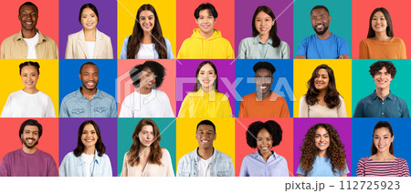 A diverse array of individuals from various ethnicities, wearing bright casual clothes 112725923