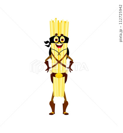 Cartoon Italian spaghetti pasta ranger bandit in mask with revolver guns, vector character. Western robber or Texas bandit ranger spaghetti or linguine pasta with guns in bandoleer, kid food personage 112725942