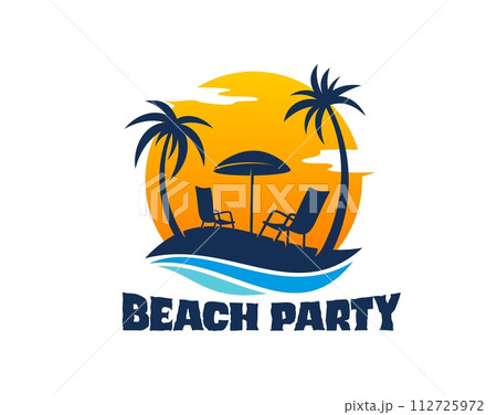 Beach party icon of summer tropical paradise island with palms and sun, vector badge. Sea travel and holiday vacation sign for music fest or beach party and summer dance bar with umbrella and sunset 112725972