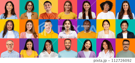 A vibrant collection of headshots showcasing a diverse group of individuals of varying ages 112726092