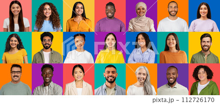 A vivid gallery of smiling faces representing a range of ages and cultures 112726170