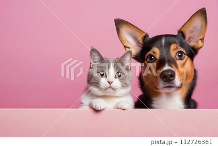 cat and dog, love your pet day, banner, greeting card, social media, pink background 112726361