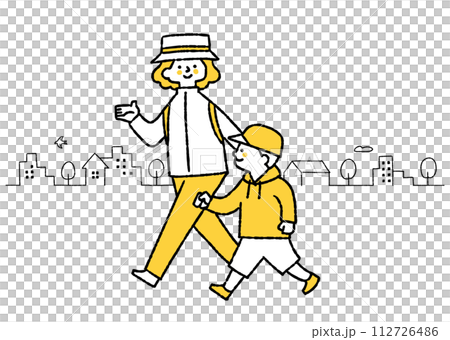 A boy and his mother go out wearing hats 112726486