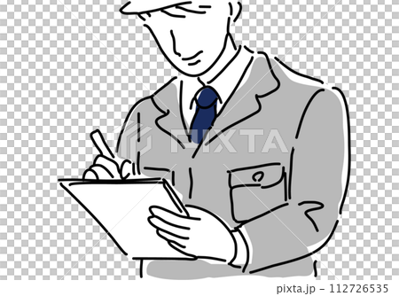 Businessman filling out documents on site Businessman filling out documents on site 112726535