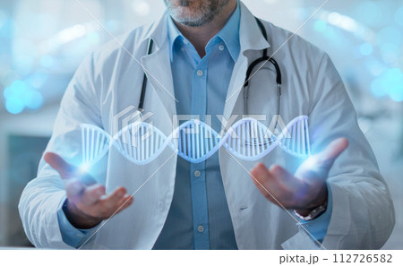 Unrecognizable mature man doctor geneticist working with DNA chain 112726582