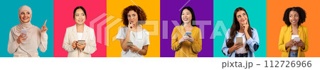 An array of six diverse women showing various expressions and gestures 112726966