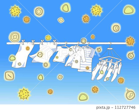 花粉が舞う青空の屋外に干した洗濯物のイメージイラスト 花粉が舞う青空の屋外に干した洗濯物のイメージイラスト 112727746