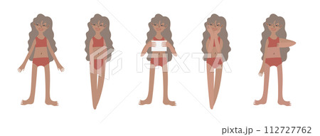 Five tanned European girls in swimsuits. Calm standing poses: thumbs up, piece of paper in hands. Tanned skin and blond hair. Vector illustration in flat style Five tanned European girls in swimsuits. Calm standing poses: thumbs up, piece of paper in hands. Tanned skin and blond hair. Vector illustration in flat style 112727762