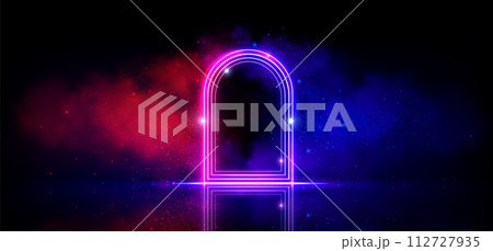 Neon light arch portal. Blue red arc gate for show Neon light arch portal. Blue red arc gate for show 112727935