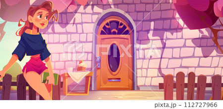 Woman on backyard with cake and coffee on table Woman on backyard with cake and coffee on table 112727966