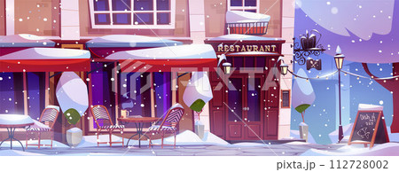Winter city street with restaurant facade 112728002