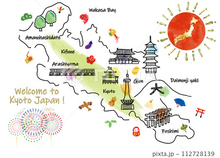 京都の観光地のかわいいイラストマップと縁起物 112728139