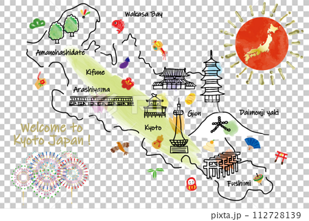 京都の観光地のかわいいイラストマップと縁起物 112728139