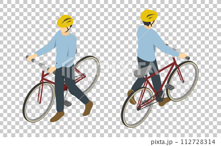 アイソメトリックイラスト:自転車を押す男性 112728314