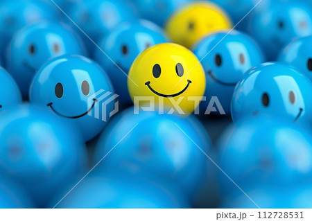 a smiley yellow face with different crowd blue colors and sizes of balls in the background. Generative AI. 112728531