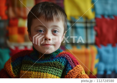 portrait of a cute happy child with down syndrome smiling. Beautiful human, Generated AI 112728580