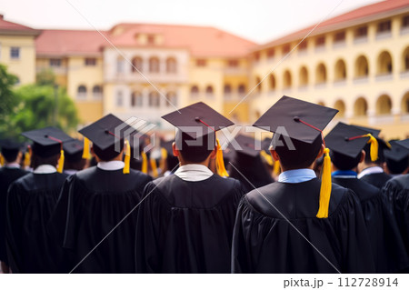 Back view of a group of students at graduation with graduation caps. Generative AI. Back view of a group of students at graduation with graduation caps. Generative AI. 112728914