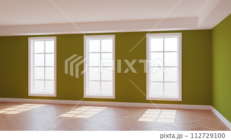 Empty Khaki Interior with Three Large Windows, Light Glossy Herringbone Parquet Floor and a white Plinth. Beautiful Concept of the Empty Room. 3D Rendering, Ultra HD 8K, 7680x4320, 300 dpi 112729100