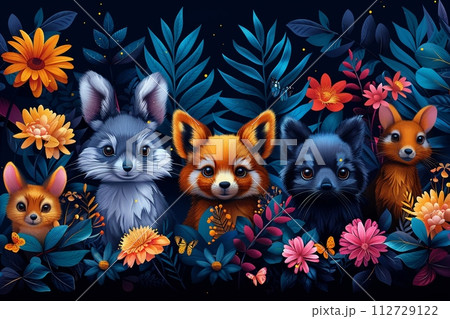 AI-generated content. Abstract illustration of animals coming together in colorful forest 112729122