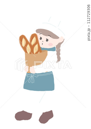 フランスパンを持ったパン屋の店員の女の子のイラスト フランスパンを持ったパン屋の店員の女の子のイラスト 112729306