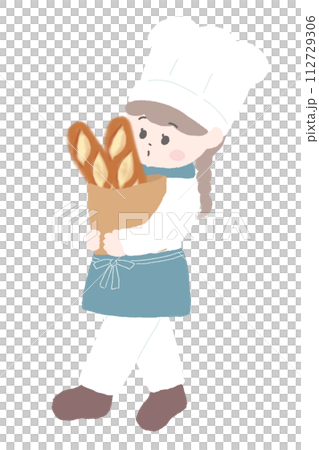 フランスパンを持ったパン屋の店員の女の子のイラスト フランスパンを持ったパン屋の店員の女の子のイラスト 112729306