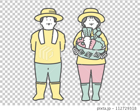 野菜を収穫した高齢夫婦　農家　イラスト　 112729318