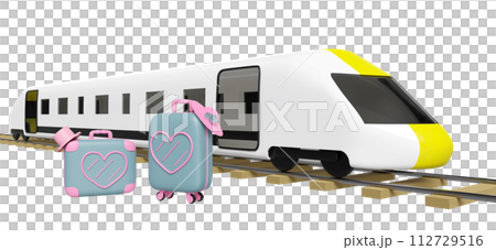 3d close suitcase with heart shaped pattern, hat, bullet train isolated. summer travel concept, 3d render illustration 112729516