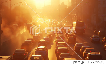 夕陽に照らされる都会のスモッグ 112729599