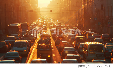 夕陽に照らされる都会のスモッグ 112729604