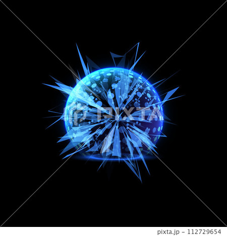The impact is reflected on a blue glowing spherical shield. The impact is reflected on a blue glowing spherical shield. 112729654