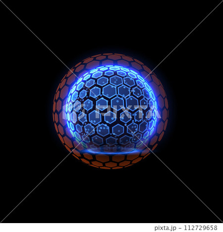 Blue glowing sphere shield, vector illustration isolated on black Blue glowing sphere shield, vector illustration isolated on black 112729658
