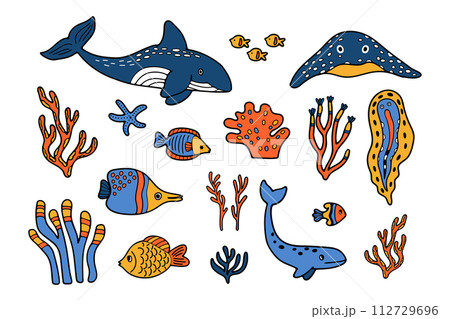 Hand Drawn Set of aquatic animal characters in flat style 112729696