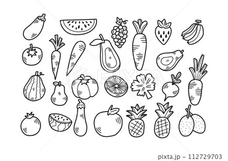 Hand Drawn Vegetable and fruit set in flat style 112729703