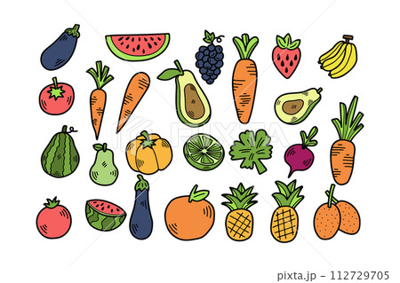 Hand Drawn Vegetable and fruit set in flat style Hand Drawn Vegetable and fruit set in flat style 112729705