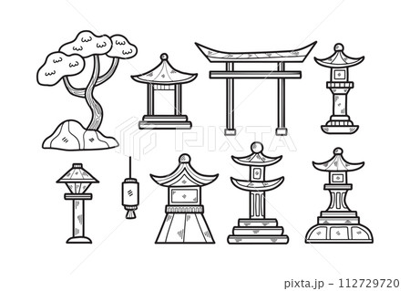 Hand Drawn Japanese and Chinese style pavilions or pagodas in flat style 112729720