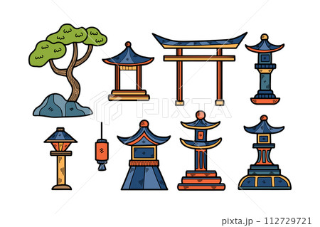 Hand Drawn Japanese and Chinese style pavilions or pagodas in flat style Hand Drawn Japanese and Chinese style pavilions or pagodas in flat style 112729721