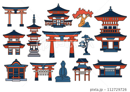 Hand Drawn Japanese and Chinese style pavilions or pagodas in flat style Hand Drawn Japanese and Chinese style pavilions or pagodas in flat style 112729726