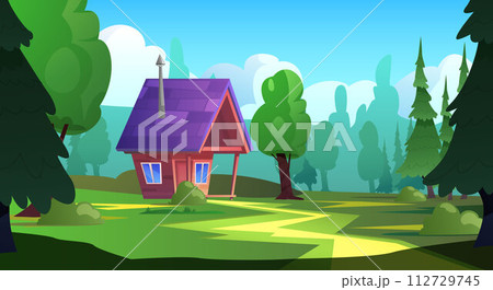 Wooden small house in summer forest, country cottage on nature landscape, rural building, vector cartoon village or camp 112729745