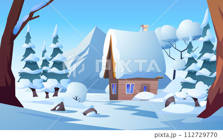 Snowy forest landscape with a charming wooden house. 112729770