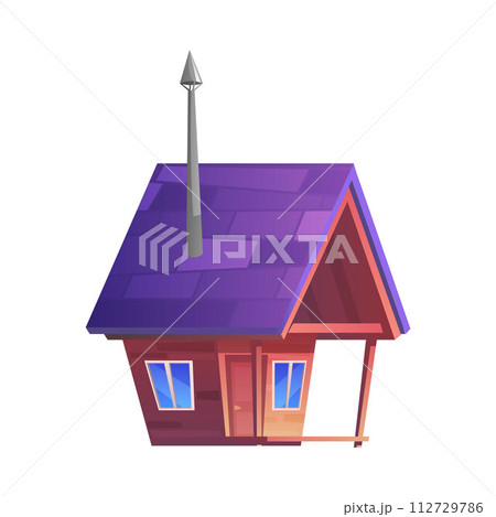Cute wooden house with purple roof and long pipe flat style 112729786