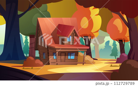 Autumn wooden cabin in colorful forest vector illustration 112729789