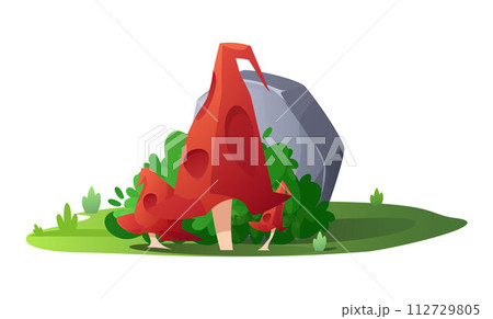A charming vector set depicting three red mushrooms with curved caps among rocks and grass. A charming vector set depicting three red mushrooms with curved caps among rocks and grass. 112729805