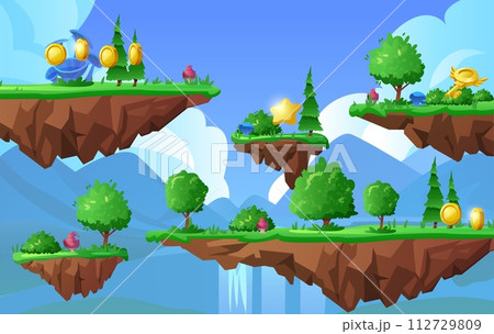 Flying islands with golden items flat style, vector illustration 112729809