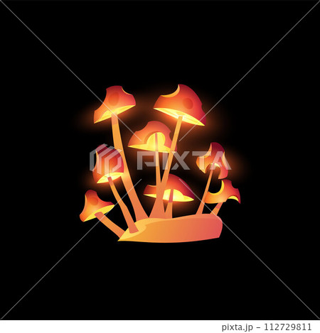 Fantasy orange sparkling mushrooms, vector cartoon magic fungi, fluorescent toadstools, fairy nature game design plant Fantasy orange sparkling mushrooms, vector cartoon magic fungi, fluorescent toadstools, fairy nature game design plant 112729811