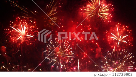 Red Firework celebrate anniversary happy new year 2024, 4th of july holiday festival. red firework in night time celebrate national holiday. Countdown to new year 2024 festival party time event 112729902
