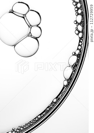 A close-up photo of water droplets that can be used in science, medicine, ingredients, and beauty designs. 112729959