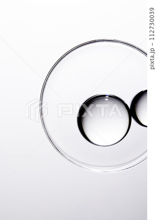 A close-up photo of water droplets that can be used in science, medicine, ingredients, and beauty designs. 112730039