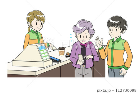 レジでスマホ決済にまごつくシニア女性に声かけする男性店員 レジでスマホ決済にまごつくシニア女性に声かけする男性店員 112730099