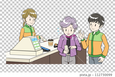 一名男店員與一名老年婦女交談，後者對在收銀台使用智慧型手機付款感到困惑。 112730099